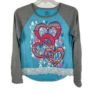 Twirl Sz 12 Girls Raglan Sleeve Hearts Mesh Turquoise Blue and Gray Shirt Top